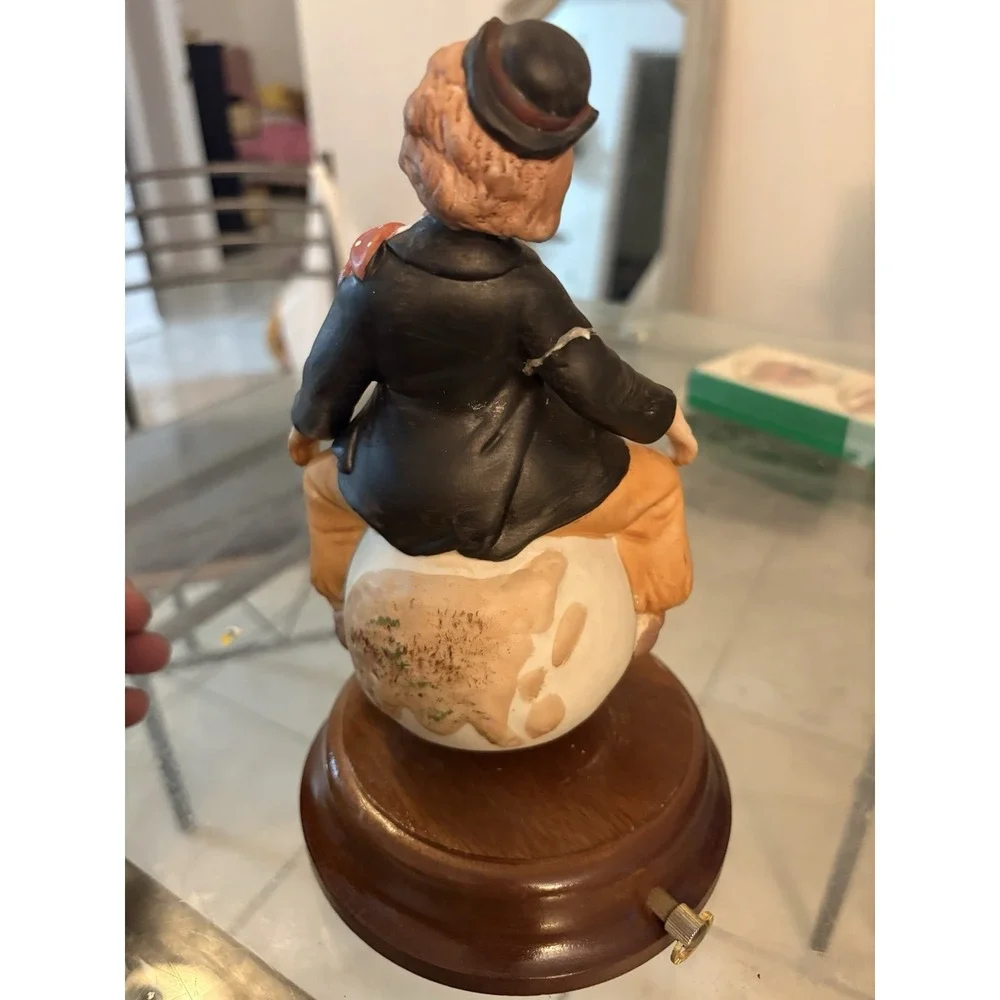 Vintage 1980 Price Products Porcelain Clown Sitting on World Globe Music Box